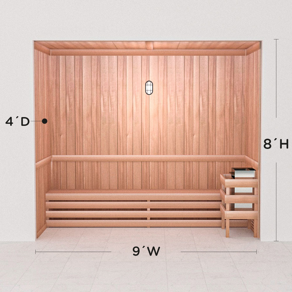 Scandia precut cedar sauna layout, 4 by 9 by 8 ft