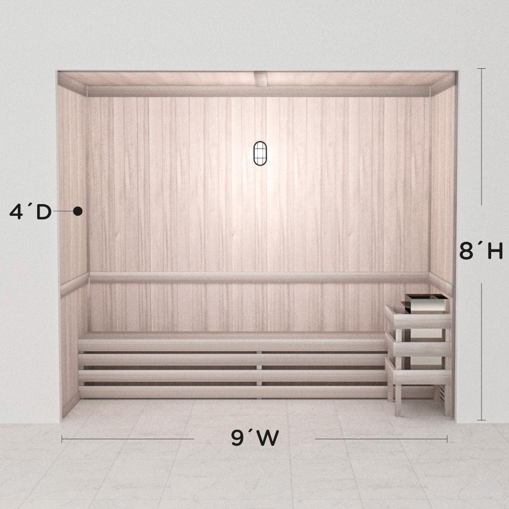 Hand-finished white precut sauna layout, 4 by 9 by 8 ft