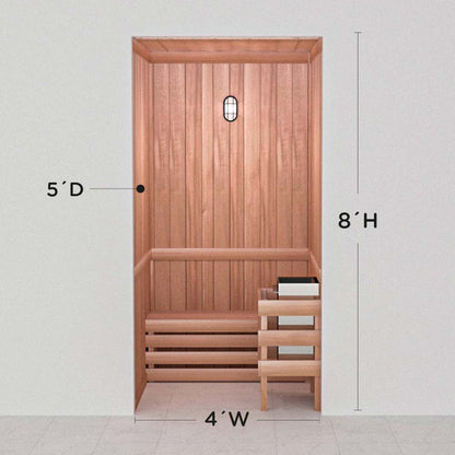 Scandia precut cedar sauna layout, 5 by 4 by 8 ft