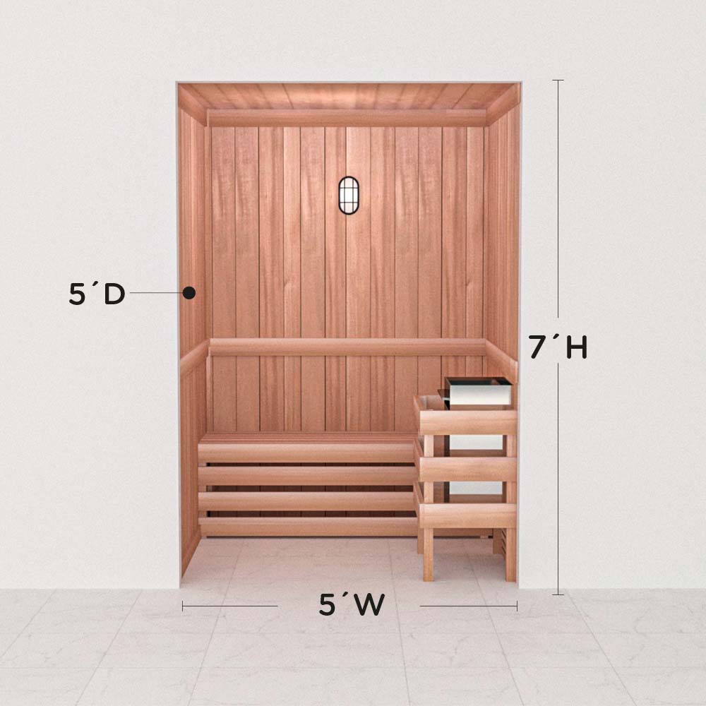Scandia precut cedar sauna layout, 5 by 5 by 7 ft
