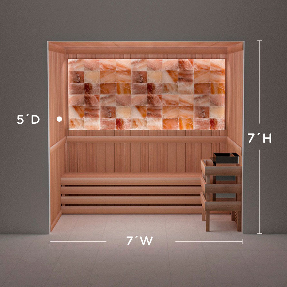 Himalayan salt sauna layout with perimeter lighting, 5 by 7 by 7 ft