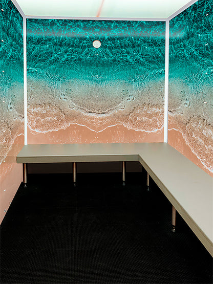 Scandia home steam room with beach scene wall print