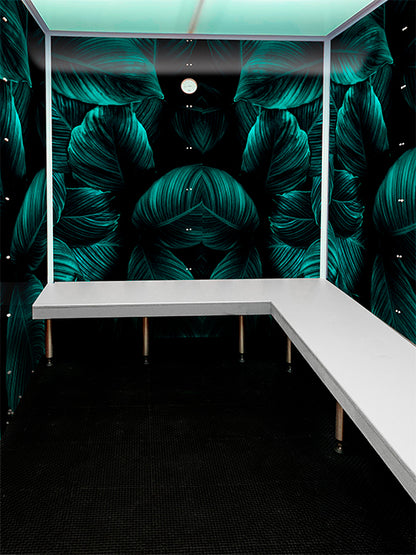 Scandia home steam room with forest scene wall print