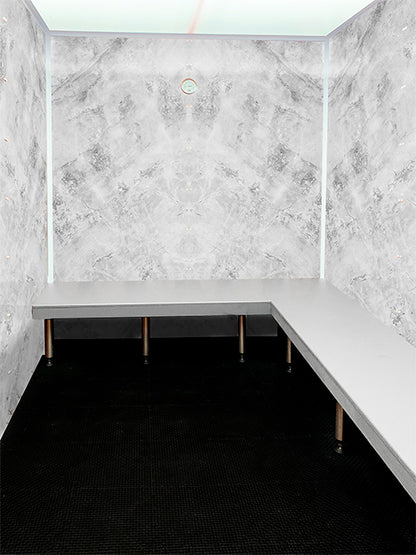 Scandia home steam room with stone-texture wall print