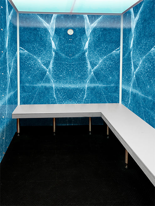 Scandia home steam room with blue-texture wall print