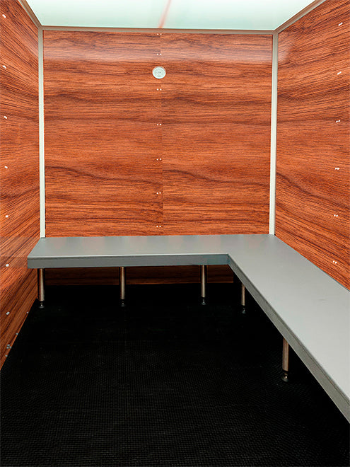 Scandia home steam room with wood-texture wall print