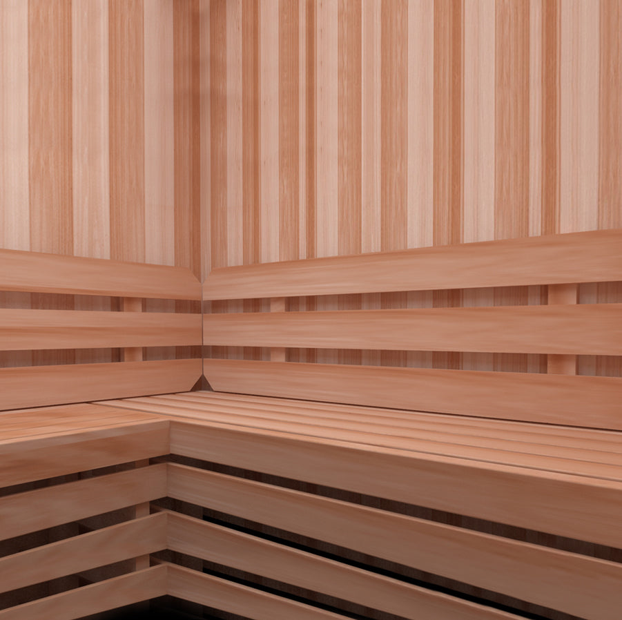Cedar benches inside a Scandia precut sauna