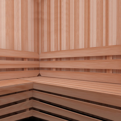 Cedar benches inside a Scandia precut sauna