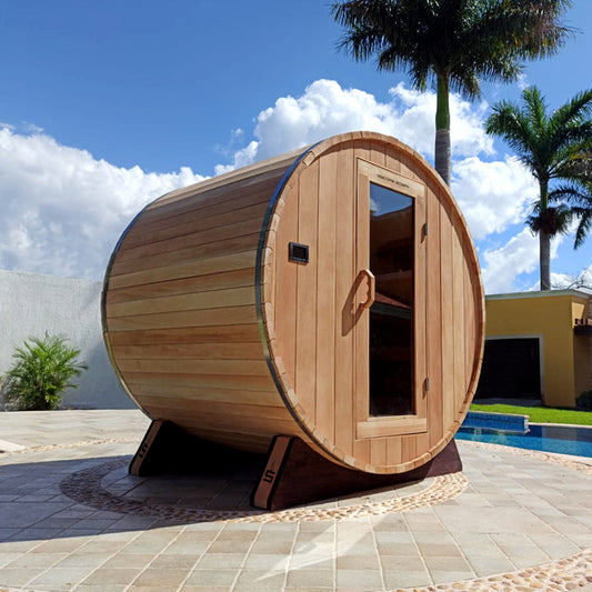 Classic cedar barrel sauna, exterior view